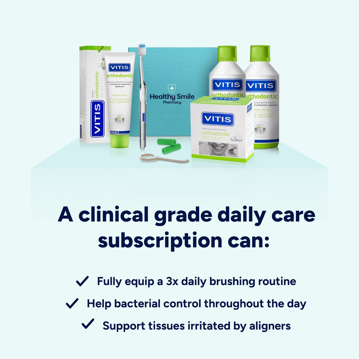 Clinical-grade aligner care subscription with specialist products to support a complete brushing routine, help control bacteria and plaque throughout the day, and soothe and support oral tissues during clear aligner treatment.