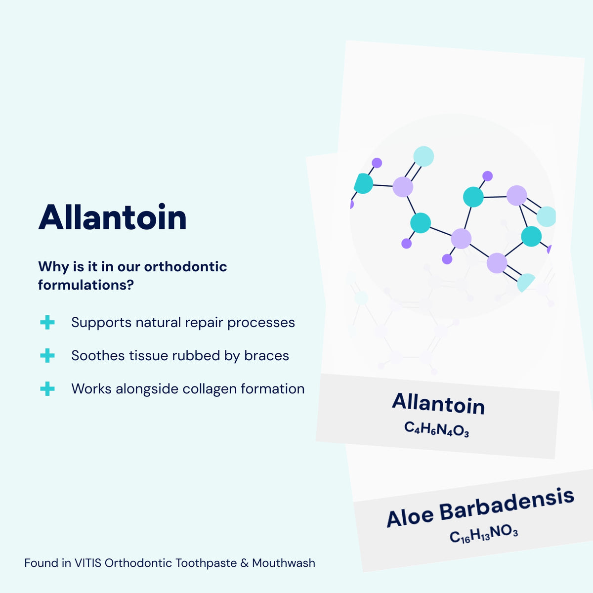 Allantoin for irritated tissues during orthodontic treatment, helping soothe oral mucosa and support natural tissue healing and repair around braces.