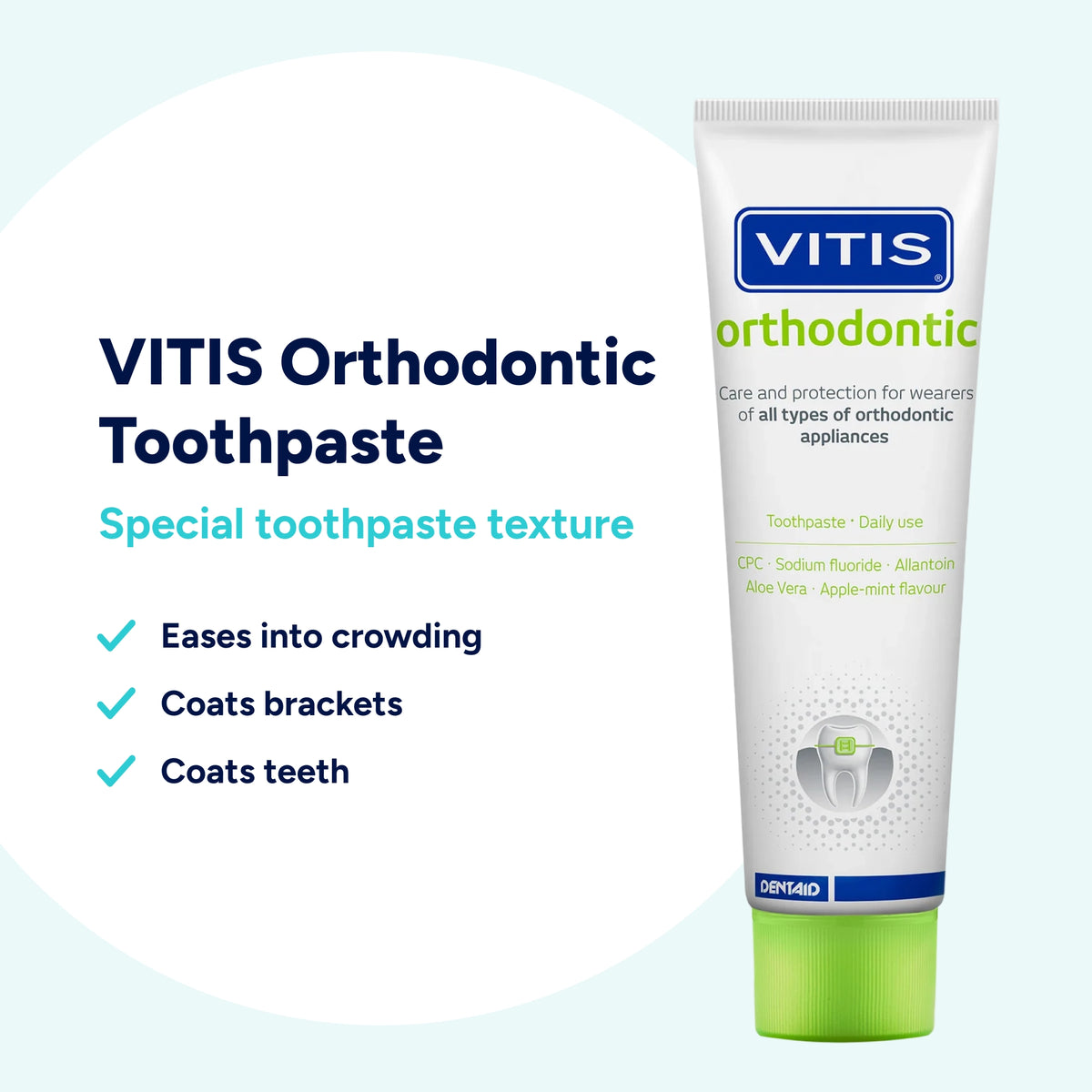 VITIS Orthodontic Toothpaste for cleaning teeth during fixed brace treatment, with a semi-liquid texture that flows around brackets, gaps, crowding and hard-to-reach areas. Specialised toothpaste for orthodontic care from Healthy Smile Pharmacy