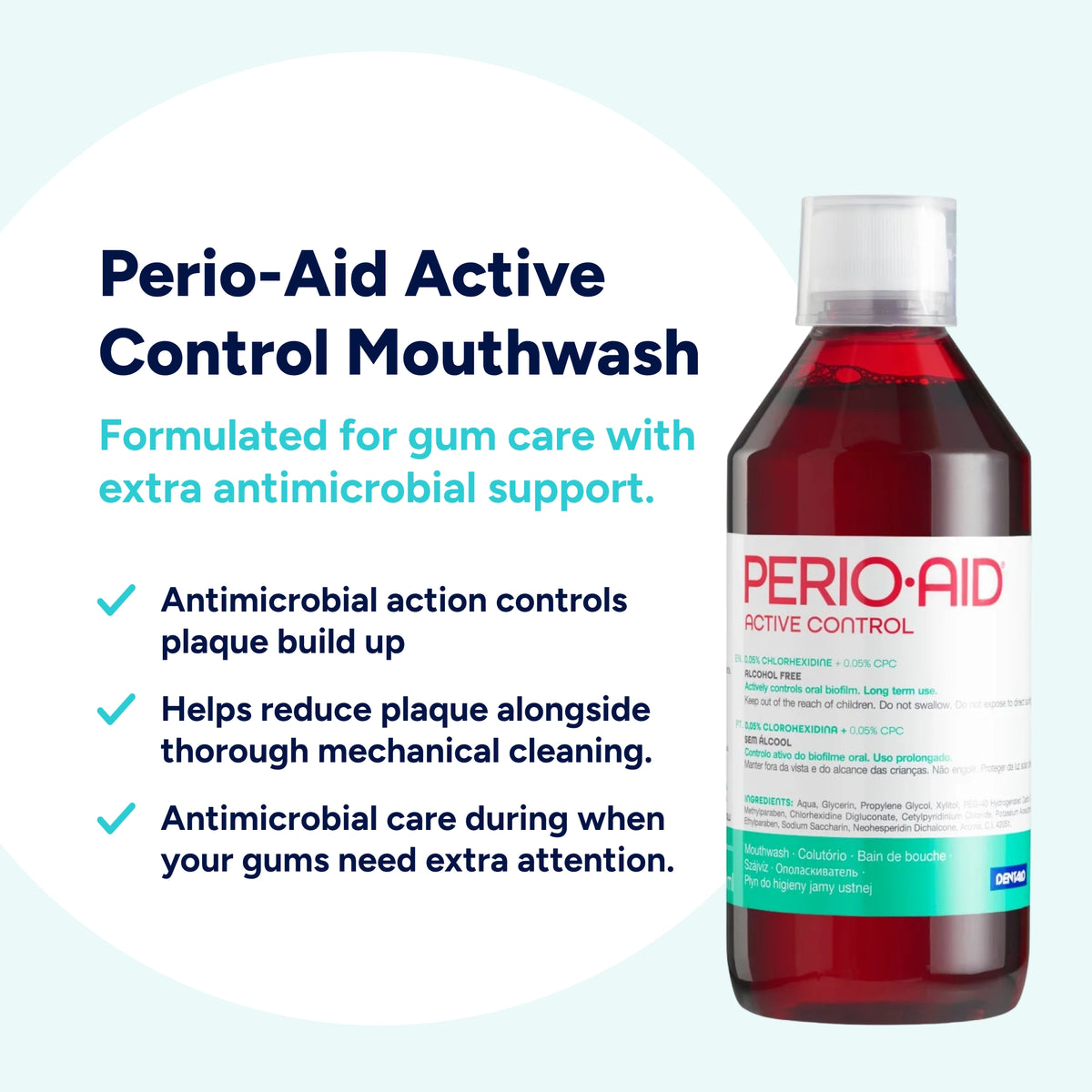 Perio-Aid Intensive Care Mouthwash with 0.12% chlorhexidine provides additional antimicrobial support alongside mechanical cleaning, helping control plaque build-up when gums need extra attention.