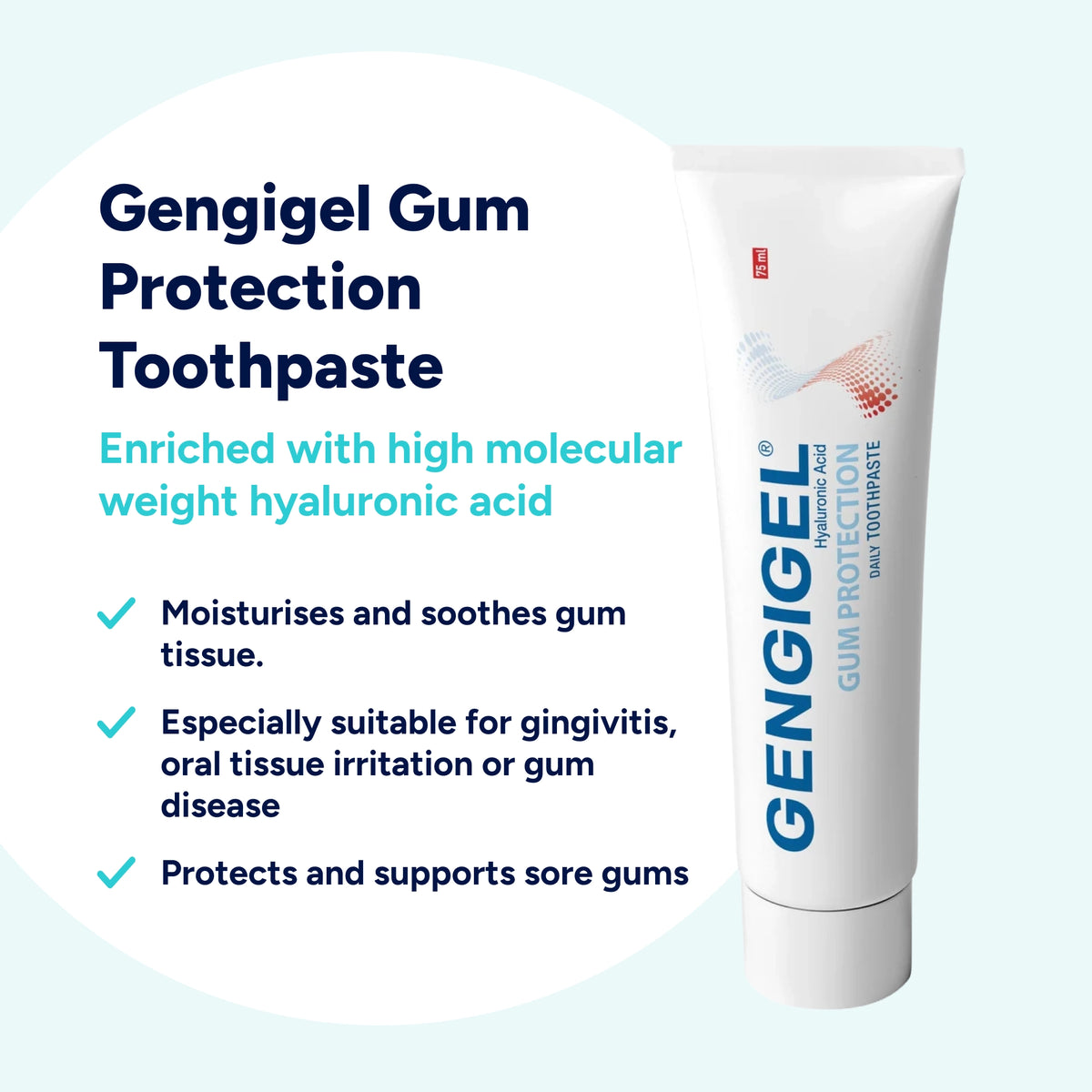 Gengigel Gum Protection Toothpaste contains high molecular weight hyaluronic acid to moisturise, soothe and protect sore or irritated gums, supporting gum health during gingivitis and gum disease.