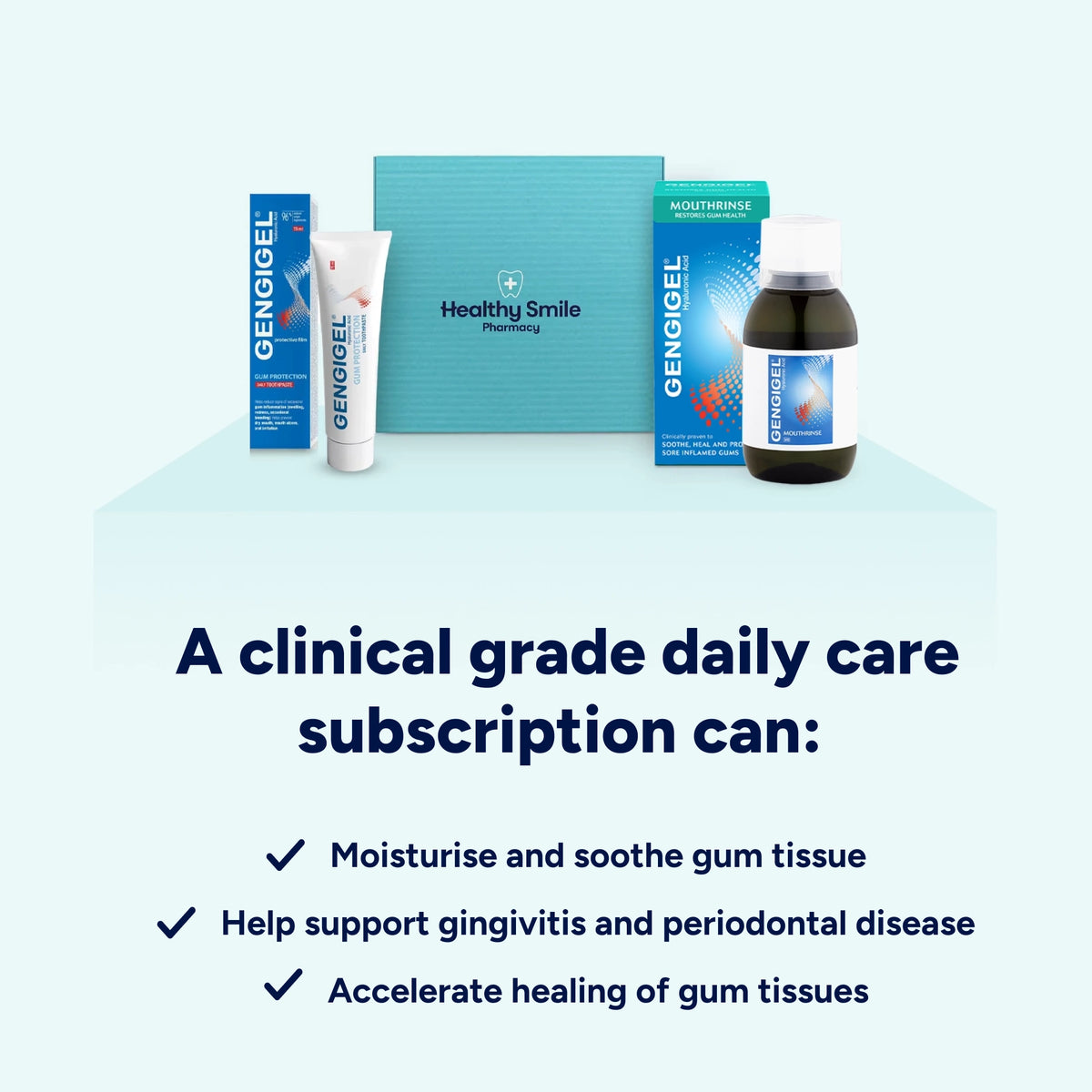 Clinical-grade daily care subscription to moisturise and soothe gum tissue, support gum health during gingivitis and periodontal disease, and support natural gum tissue healing.