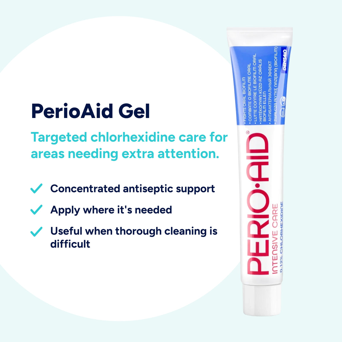 Perio-Aid Intensive Gel provides targeted chlorhexidine antiseptic care for areas needing extra attention, helping control oral biofilm where thorough cleaning is difficult.