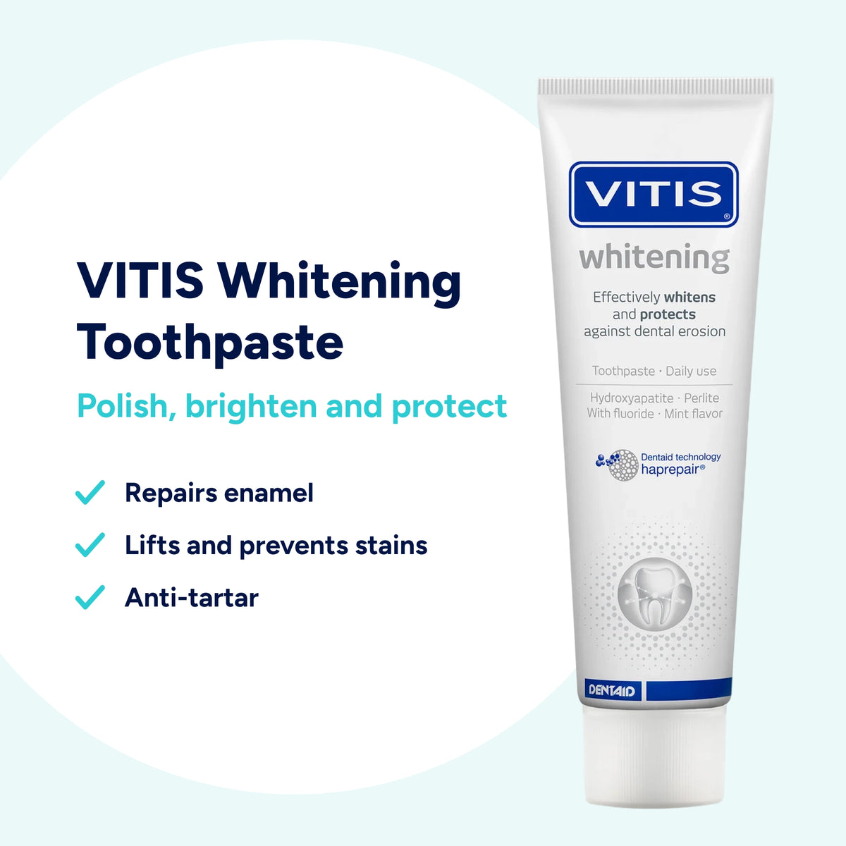 VITIS Whitening Toothpaste helps repair and strengthen enamel, lift and prevent surface stains, and slow the formation of tartar for a smoother, brighter smile.