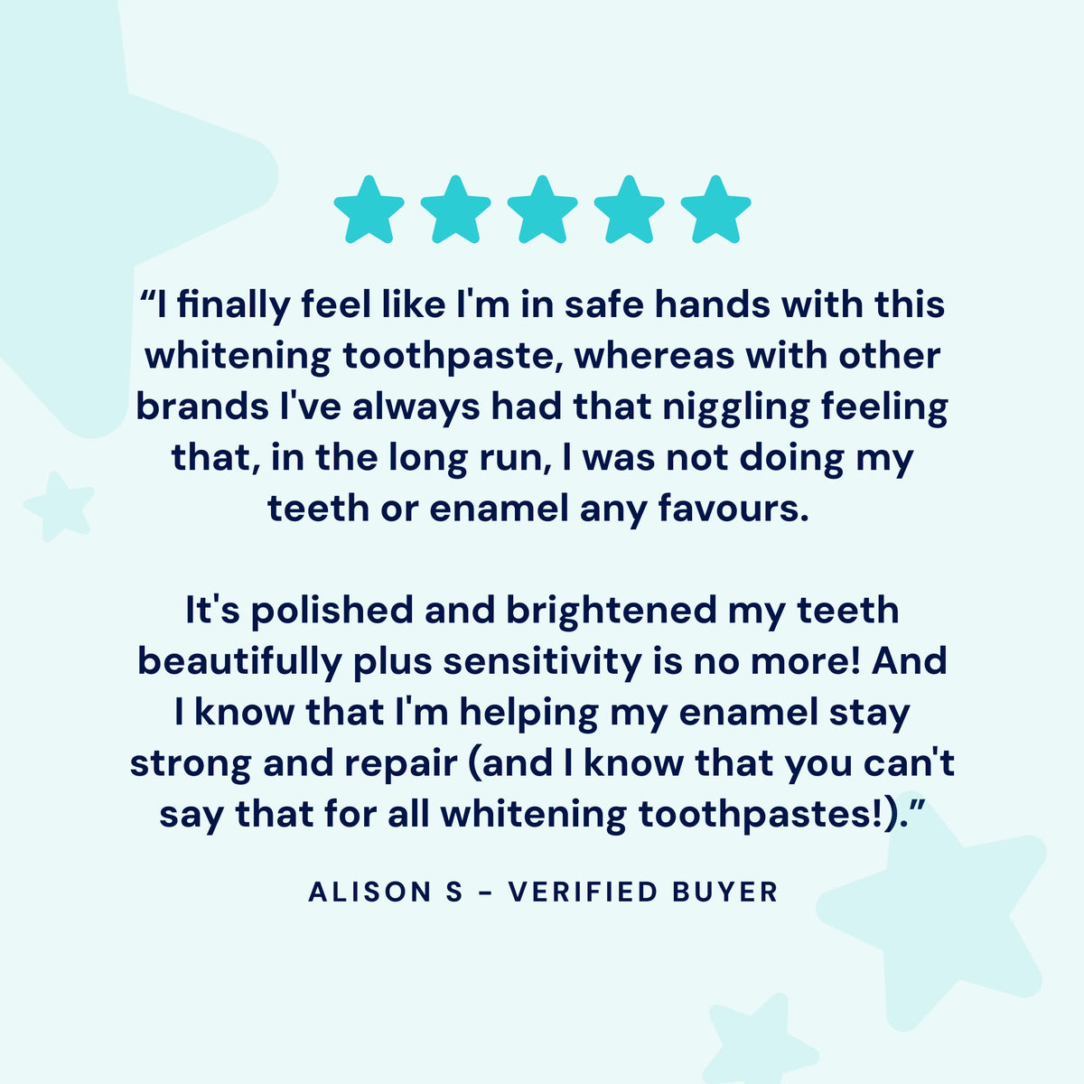 Verified Healthy Smile Pharmacy customer review praising VITIS Whitening toothpaste for brighter teeth, reduced sensitivity and confidence in caring for enamel while whitening.