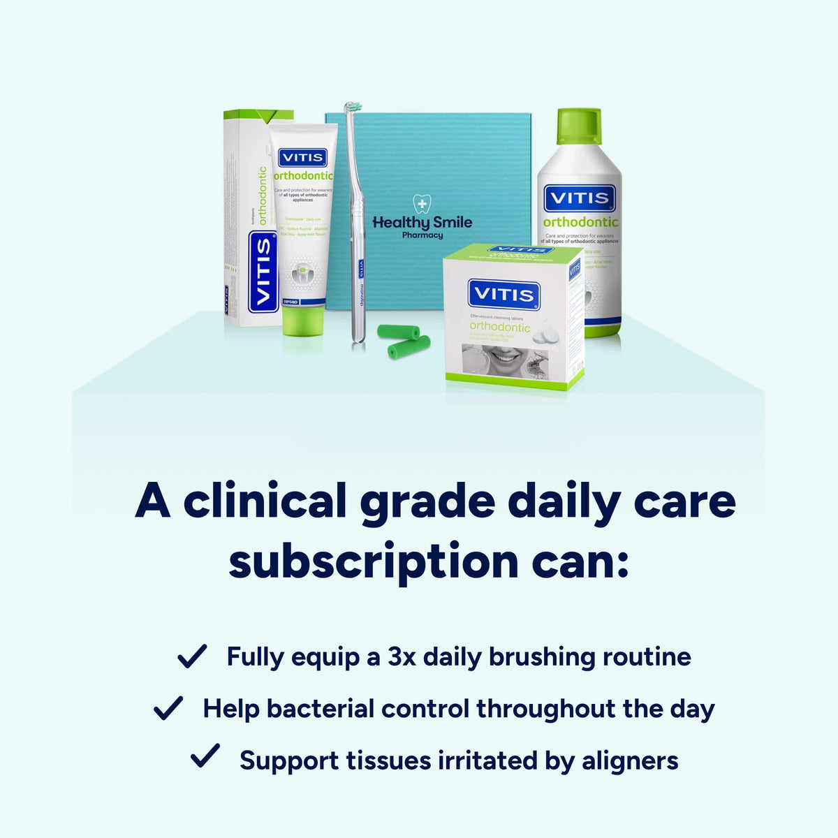 Clinical-grade aligner care subscription with specialist products to support a brushing routine during aligner treatment, help control bacteria and plaque throughout the day, and soothe and support oral tissues. 