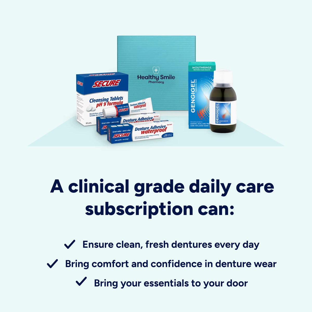 Clinical-grade Denture Comfort & Care Kit subscription to keep dentures clean and fresh, support comfortable denture wear, and deliver essential care to your door.