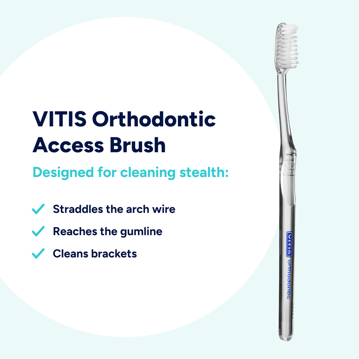 VITIS Orthodontic Access Toothbrush for effective cleaning around braces, with a compact head, V-shaped bristles and flexible neck for precise brushing and better access.