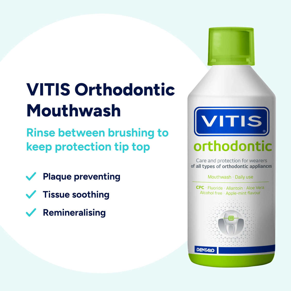 VITIS Orthodontic Mouthwash helps care for teeth and gums between brushing, soothing oral tissues, supporting enamel remineralisation and helping prevent plaque build-up during fixed brace treatment. 