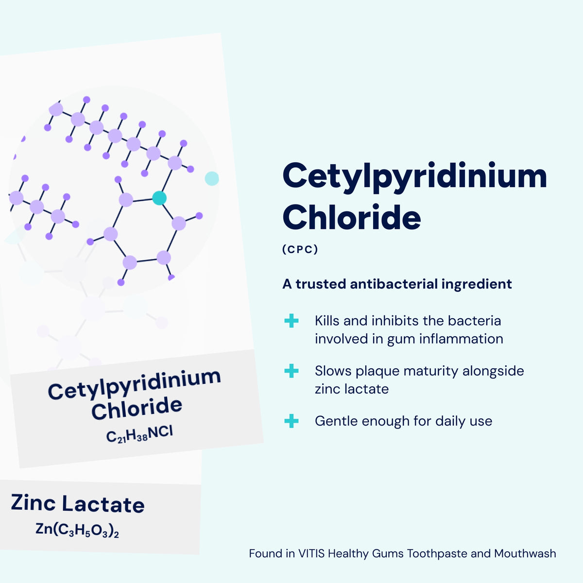 Cetylpyridinium chloride (CPC) is a trusted antibacterial ingredient that helps control bacteria and plaque, supporting healthier gums when used daily.