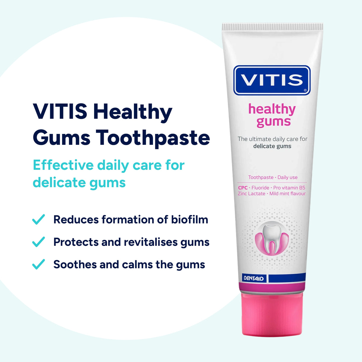 VITIS Healthy Gums Toothpaste contains cetylpyridinium chloride (CPC) to help control bacteria and dental biofilm, while supporting healthier gums and reducing inflammation.