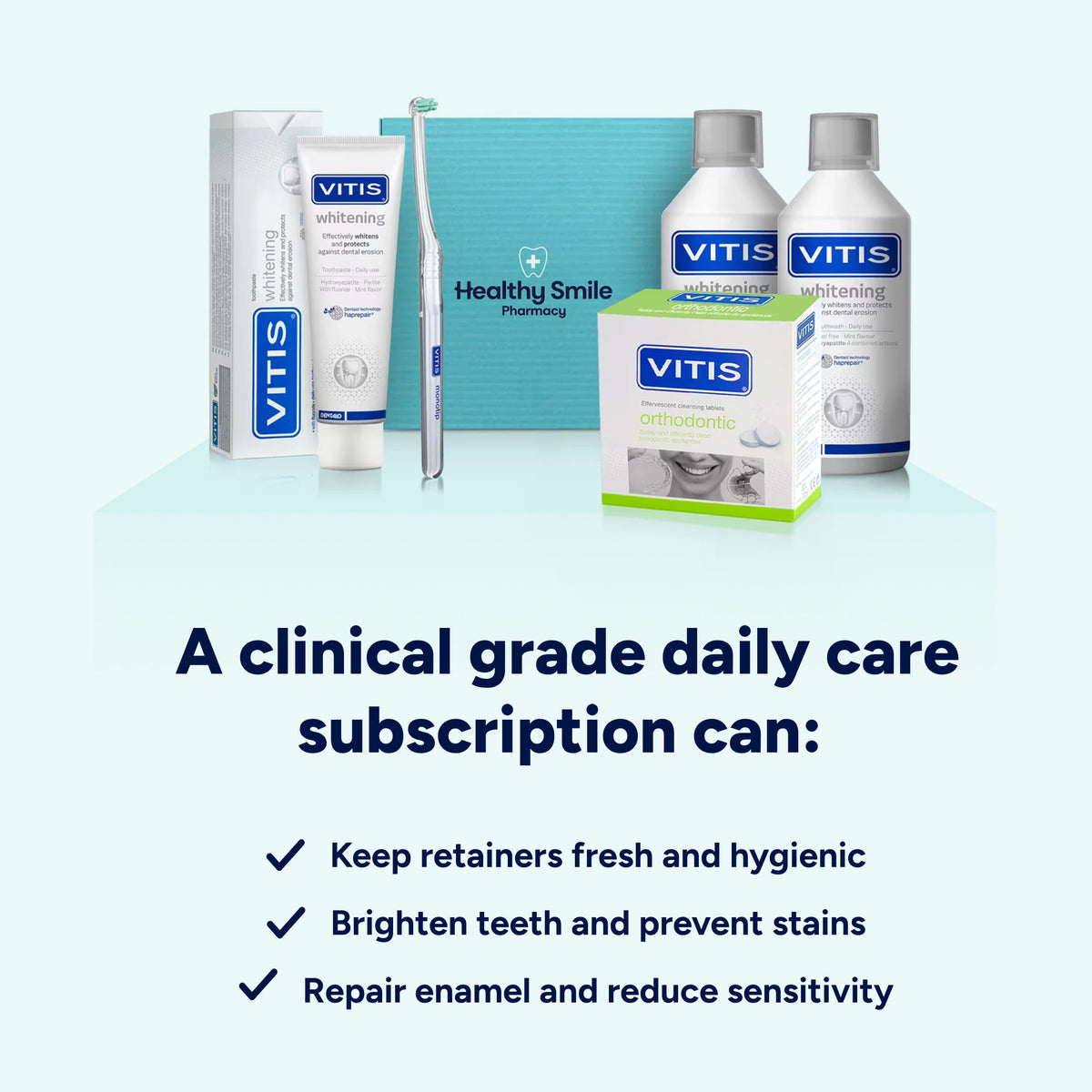 Clinical-grade Retainer Complete Kit subscription supporting fresh, hygienic retainers, brighter teeth and stain prevention, plus enamel care and sensitivity support.
