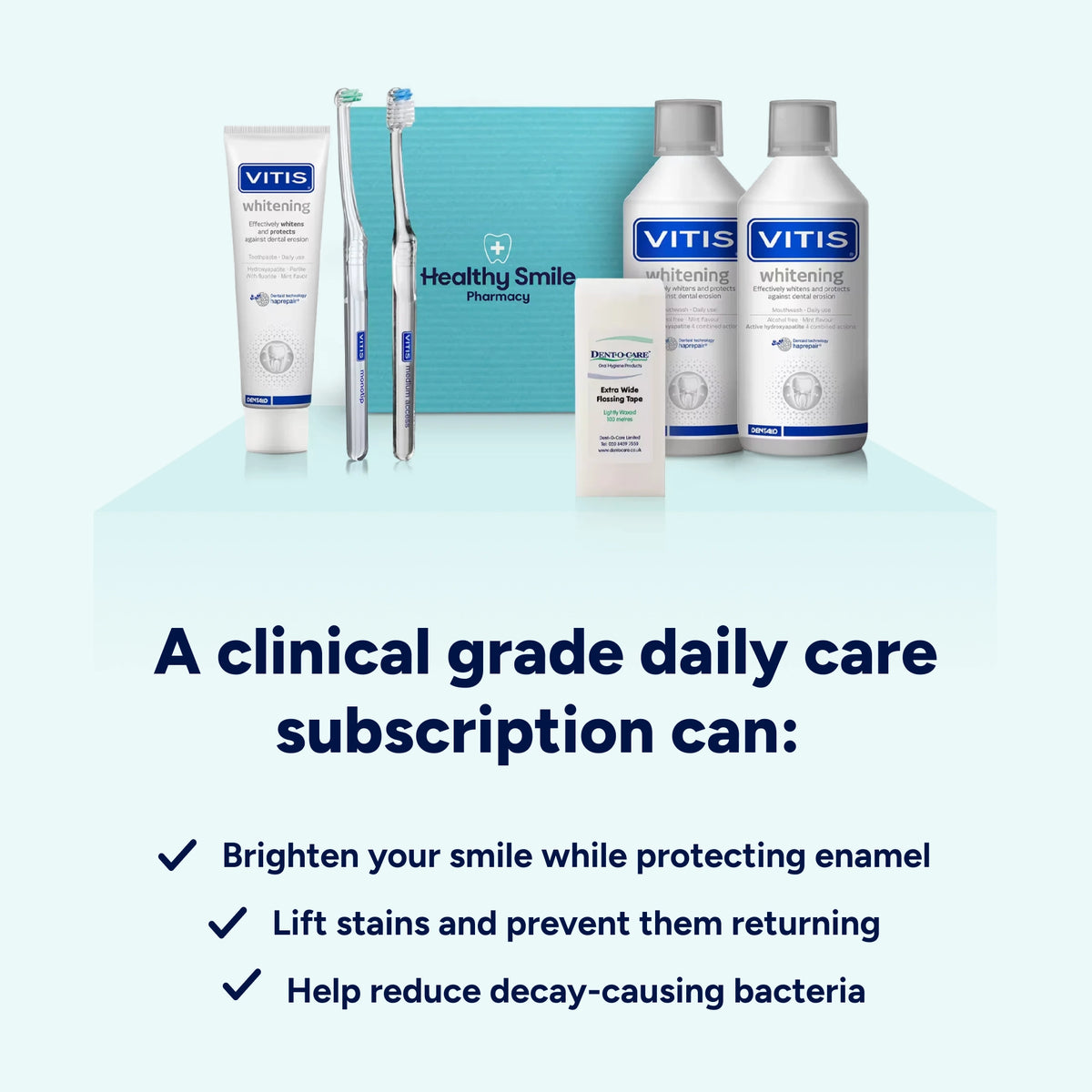 Clinical-grade Whitening Complete Kit subscription helps brighten your smile, protect and remineralise enamel, lift and prevent surface stains, and support control of plaque and decay-causing bacteria.