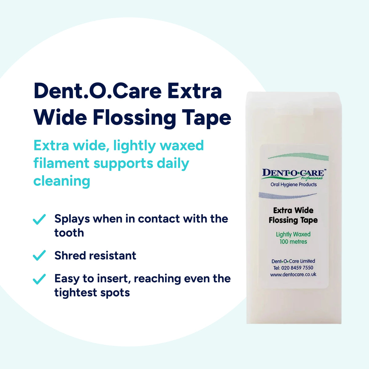 Dent-O-Care Extra Wide Flossing Tape helps keep teeth looking brighter by removing plaque and stain-retaining build-up. Shred-resistant tape splays for greater coverage and is easy to insert between teeth. 