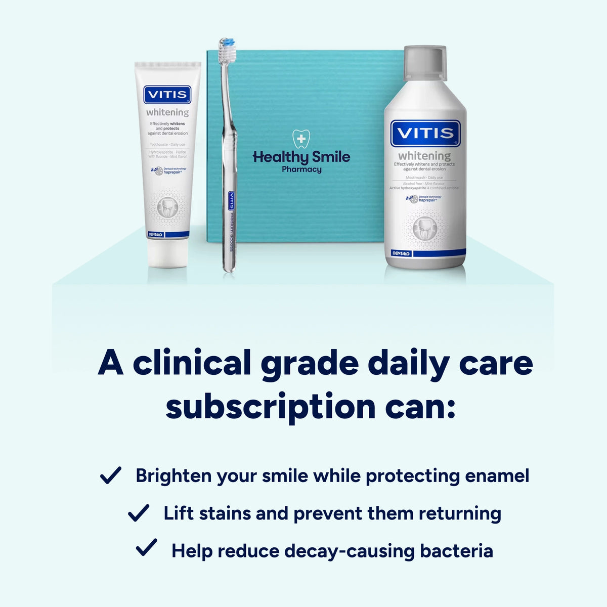 Clinical-grade Whitening Essentials Kit subscription helps brighten your smile, protect and remineralise enamel, lift and prevent surface stains, and support sensitivity reduction.